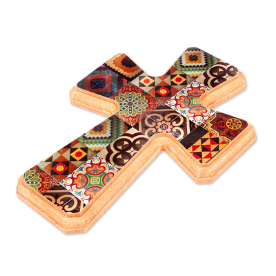 Decoupage-Wandkreuz - Handgefertigtes Decoupage-Wandkreuz mit Puebla-Fliesenmotiven