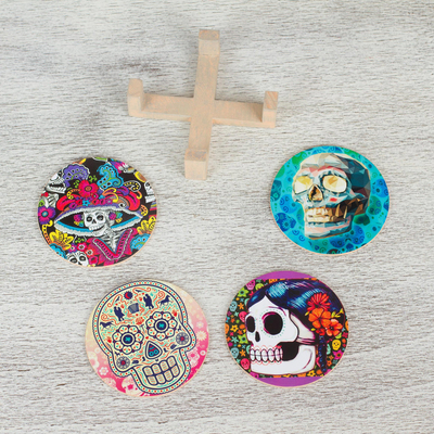 Decoupage coasters, 'Festival of the Dead' (set of 4) - Day of the Dead Decoupage Coasters and Stand (Set of 4)