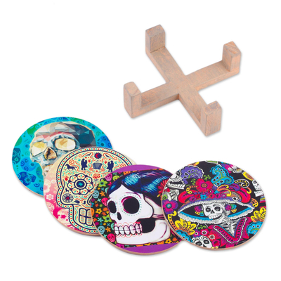 Decoupage coasters, 'Festival of the Dead' (set of 4) - Day of the Dead Decoupage Coasters and Stand (Set of 4)