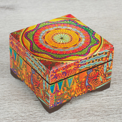 Decoupage wood decorative box, 'Huichol Mandala' - Petite Pinewood Decoupage Box with Huichol Icons