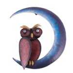 Steel wall sculpture, 'Owl on the Moon' - Handcrafted Steel Owl and Moon Wall Sculpture from Mexico