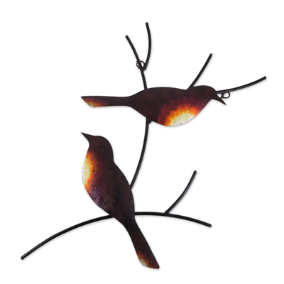Steel wall art, 'Pair of Sparrows' - Handmade Metal Wall Art of Birds on Branches