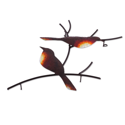 Steel wall art, 'Pair of Sparrows' - Handmade Metal Wall Art of Birds on Branches