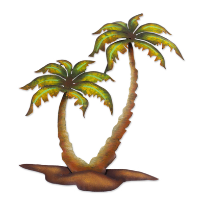 Steel wall art, 'Twin Palms' - Hand Crafted Palm Tree Steel Wall Art from Mexico