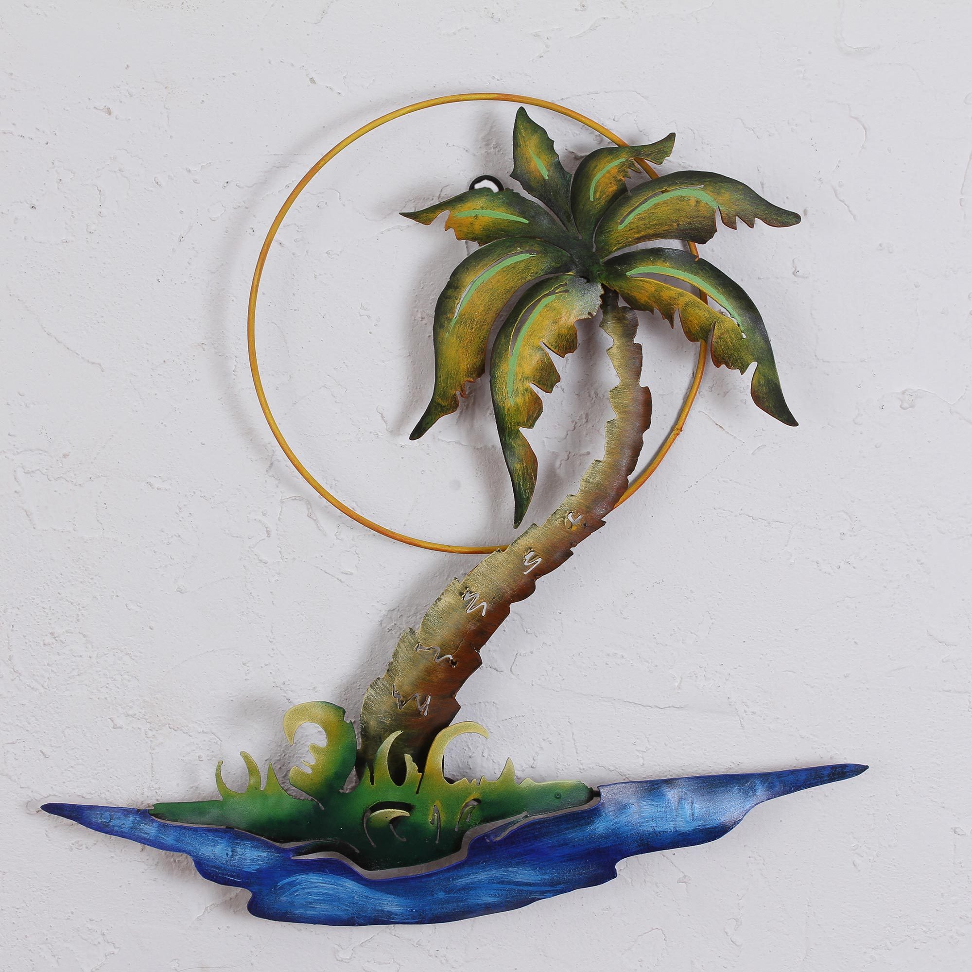 Hand Painted Metal Wall Art of Palm Tree and Beach Swaying Palm NOVICA