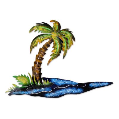Steel wall art, 'Tropical Palm' - Tropical Metal Wall Sculpture of Palm Tree and Sea