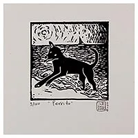 'Little Dog' - Mexico Fine Art Linoleum Print Dog Painting by NOVICA