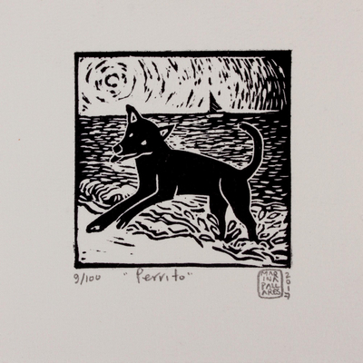 'Little Dog' - Mexico Fine Art Linoleum Print Dog Painting by NOVICA