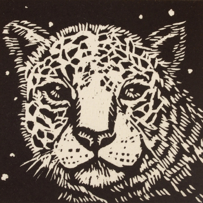 'Jaguar' - Impresión en bloque de linóleo firmada de 4 pulgadas de México de un jaguar