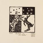 'Hares in the Night' - Mexico 4-Inch Signed Linoleum Block Print of Hares