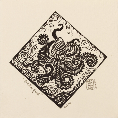 Octopus Theme Signed 4-Inch Linoleum Block Print