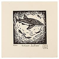 'Tiburón ballena' - Impresión en bloque de linóleo firmada de 4 pulgadas de un tiburón ballena