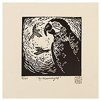 'Macaws' - Signed Black and White Linoleum Block Print of Birds