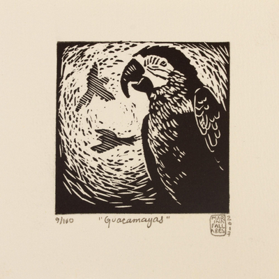 Signed Black and White Linoleum Block Print of Birds