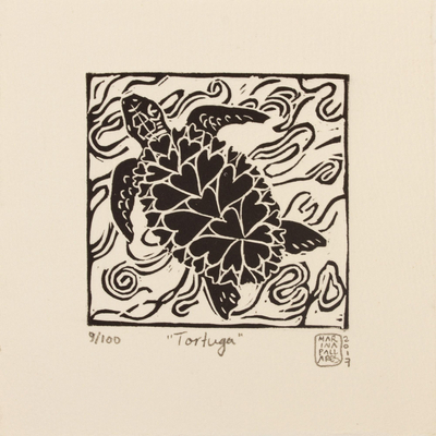 'Turtle' - Turtle Hearts Black and White Signed Linoleum Block Print