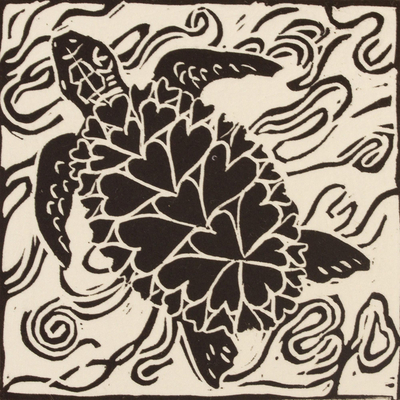 'Turtle' - Turtle Hearts Black and White Signed Linoleum Block Print