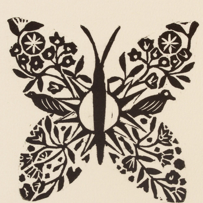 „Farfalla“ – signierter 4-Zoll-Linoleum-Blockdruck eines Schmetterlings mit Vögeln