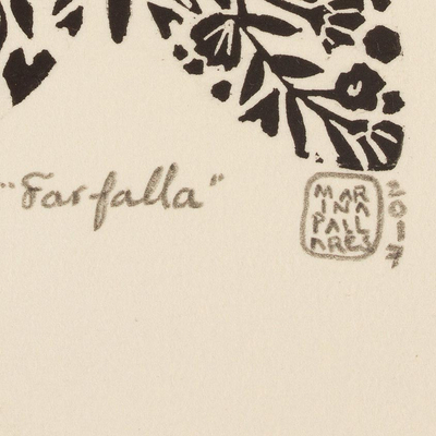 'Farfalla ' - Impresión en bloque de linóleo firmada de 4 pulgadas de una mariposa con pájaros