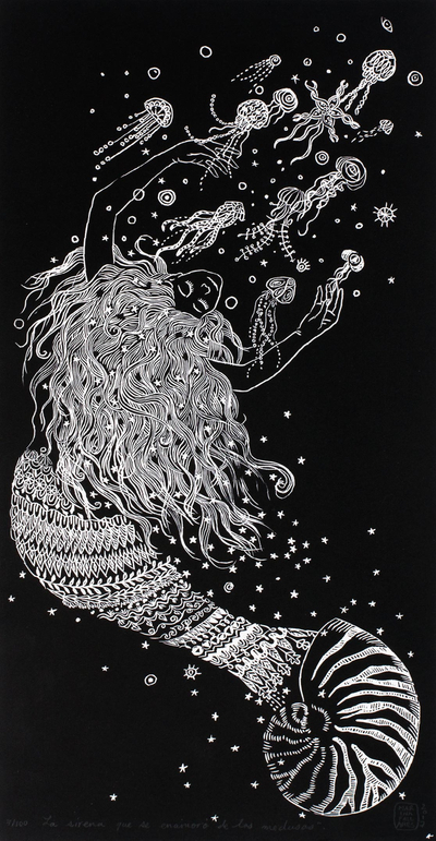 'Mermaid Who Fell in Love with the Jellyfish' - Mermaid and Jellyfish Signed Linoleum Block Print