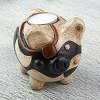 Ceramic tealight holder, 'Pirate Pig' - Handcrafted Ceramic Pig Tealight Holder from Mexico