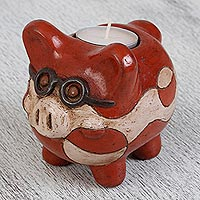 Ceramic tealight holder, 'Intellectual Pig' - Handcrafted Ceramic Pig Tealight Holder from Mexico
