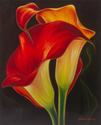 Signed Oil Painting of Red Calla Lilies in the Darkness ...