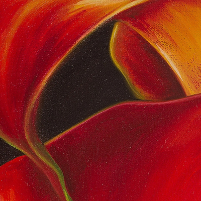 Zwei Calla-Lilien - Signiertes Ölgemälde von roten Calla-Lilien in der Dunkelheit