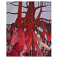 Giclee print on canvas, 'Red Roots with Gold' - Signed Surrealist Giclee Artwork of Trees in Red from Mexico