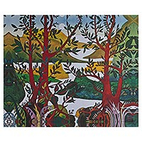 Giclee print on canvas, 'Four Red Trees' - Springtime Mountain Landscape Giclee Print on Canvas Mexico