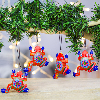 Wood alebrije ornament, 'Fiesta Frogs' (set of 4) - Set of 4 Wood Alebrije Frog Ornaments from Mexico