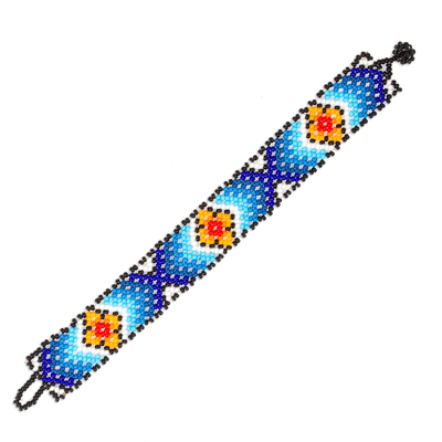 Floral Glass Beaded Wristband Bracelet in Blue from Mexico