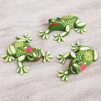 Ceramic wall art, 'Happy Frogs' (set of 3) - Ceramic Wall Art Frogs from Mexico (Set of 3)