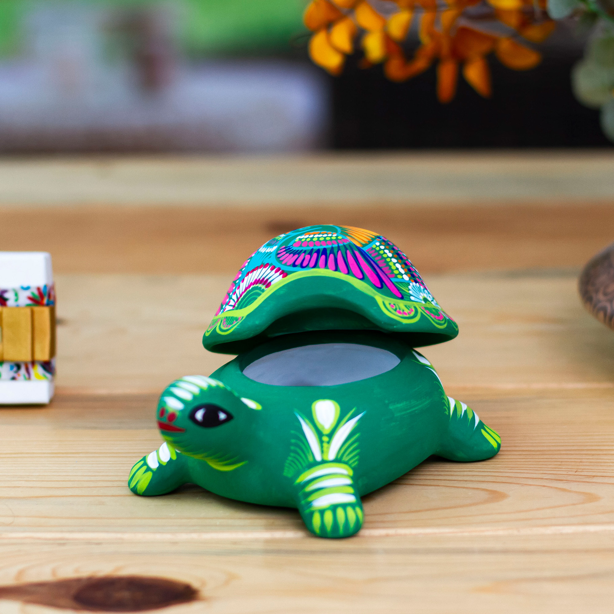 Painted Ceramic Turtle Decorative Box from Mexico Protective Turtle