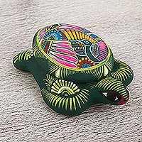 Hand painted ceramic decorative box, 'Turtle Memory' - Hand Painted Ceramic Decorative Turtle Box from Mexico