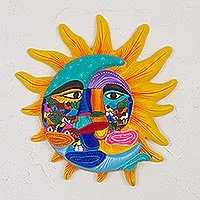 Ceramic wall art, 'Life and Tradition' - Ceramic Sun and Moon Wall Art from Mexico