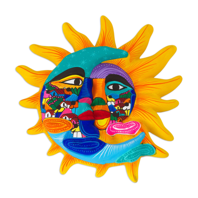 Ceramic wall art, 'Life and Tradition' - Ceramic Sun and Moon Wall Art from Mexico