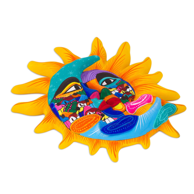 Ceramic wall art, 'Life and Tradition' - Ceramic Sun and Moon Wall Art from Mexico