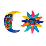 Ceramic wall art, 'Beauty of the Sky' (pair) - Hand Painted Ceramic Sun and Moon Wall Art (Pair)