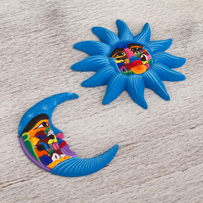 Ceramic wall art, 'Mexican Sky' (pair) - Hand Painted Blue Ceramic Sun and Moon Wall Art (Pair)
