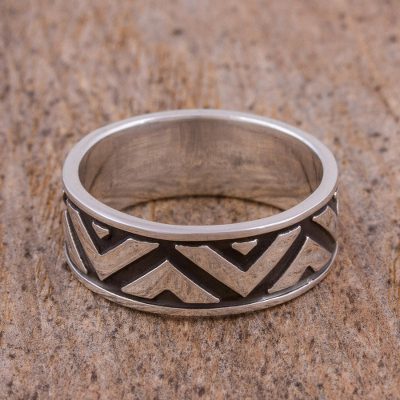 Zigzag Motif Sterling Silver Band Ring from Mexico