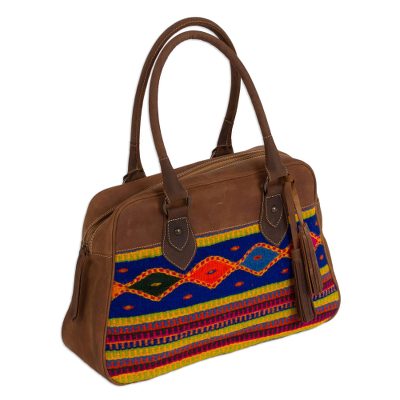 Handcrafted Wool Accent Leather Handbag from Mexico