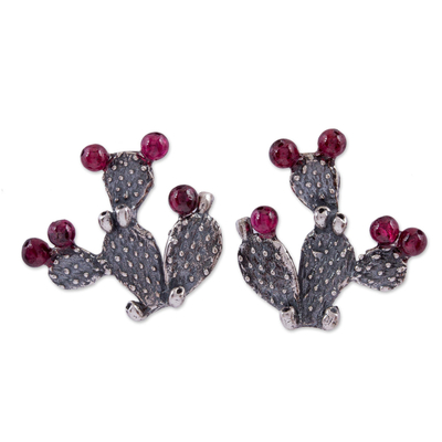 Garnet drop earrings, 'Fruits of My Country' - Garnet Cactus-Shaped Drop Earrings from Mexico