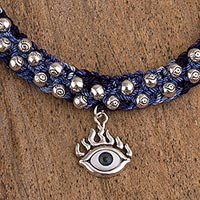 Beaded pendant necklace, 'Vigilant Eye' - Adjustable Eye-Shaped Pendant Necklace from Mexico