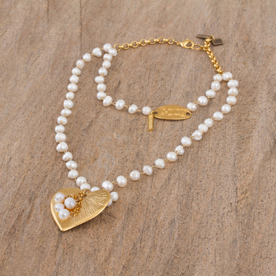 Gold plated cultured pearl pendant necklace, 'Heartfelt Glow' - Gold Plated Cultured Pearl Heart Necklace from Mexico