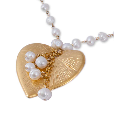 Gold plated cultured pearl pendant necklace, 'Heartfelt Glow' - Gold Plated Cultured Pearl Heart Necklace from Mexico