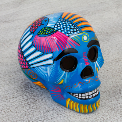 Ceramic skull figurine, 'Colorful Death' - Mexican Hand Painted Blue Decorative Ceramic Skull