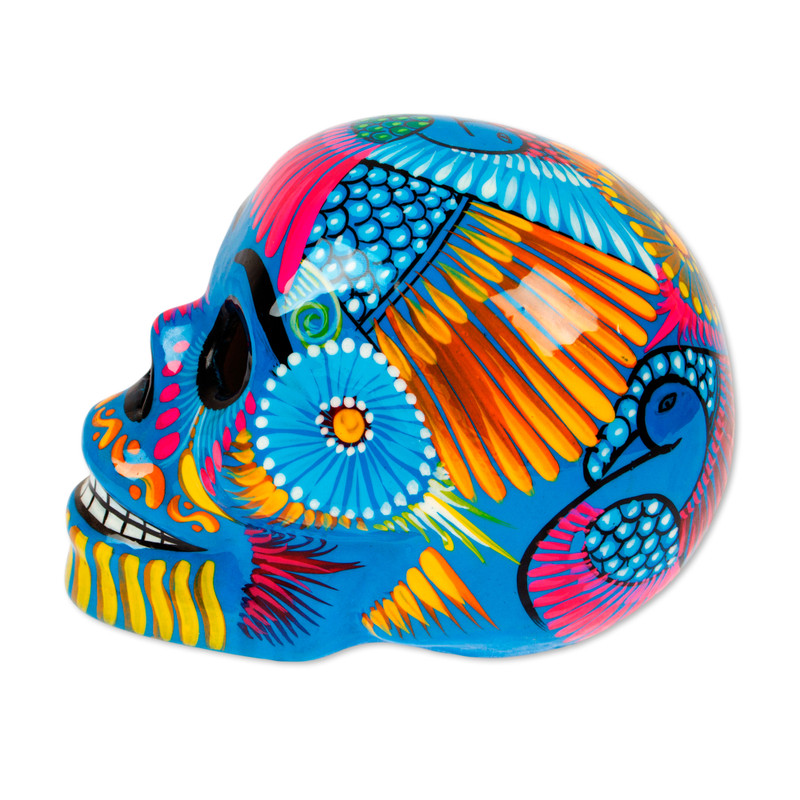 Mexican Hand Painted Blue Decorative Ceramic Skull - Colorful
