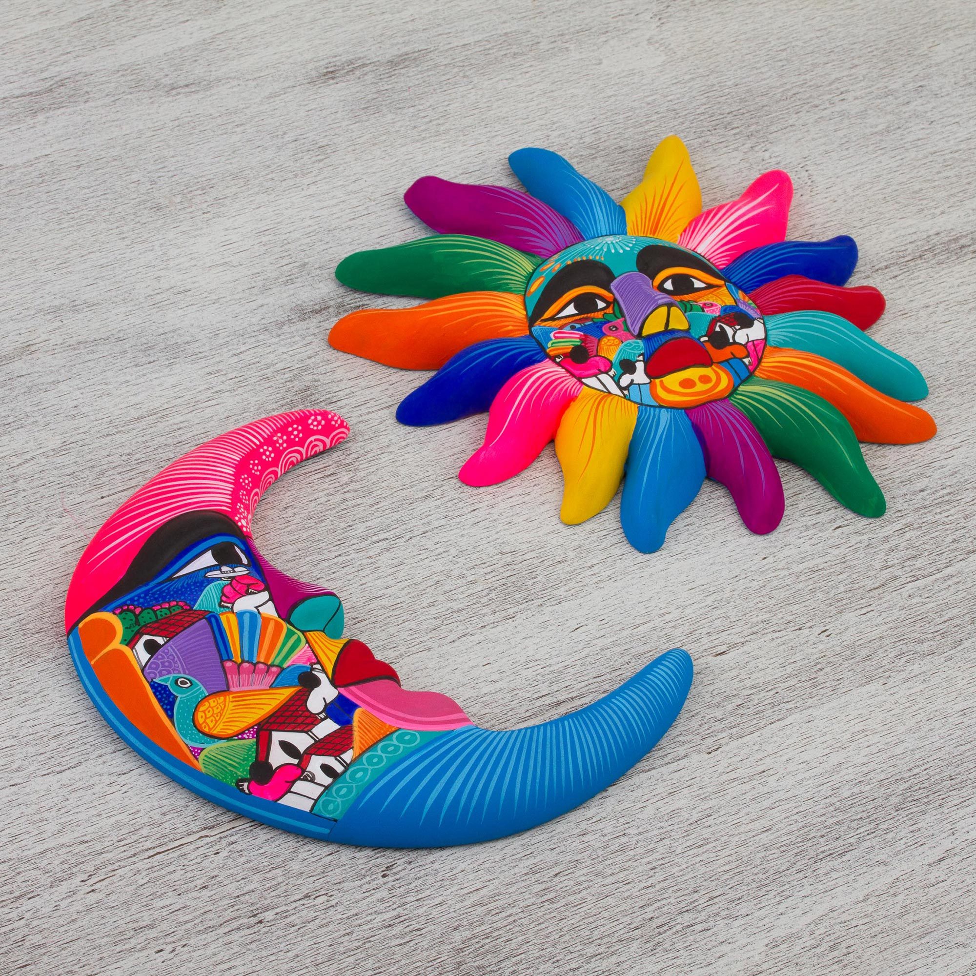 Mexican Hand Painted Sun and Moon Ceramic Wall Art Celestial Couple