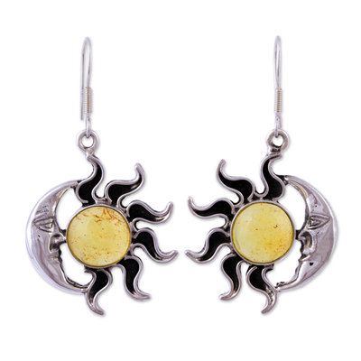 Mexican Sterling Silver and Amber Sun Moon Hook Earrings, 'Resplendent  Sunset'