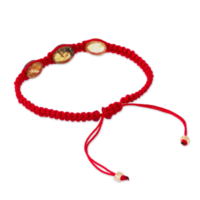 Amber braided bracelet, 'Amber Passion' - Red Nylon Braided Bracelet with Amber Beads from Mexico